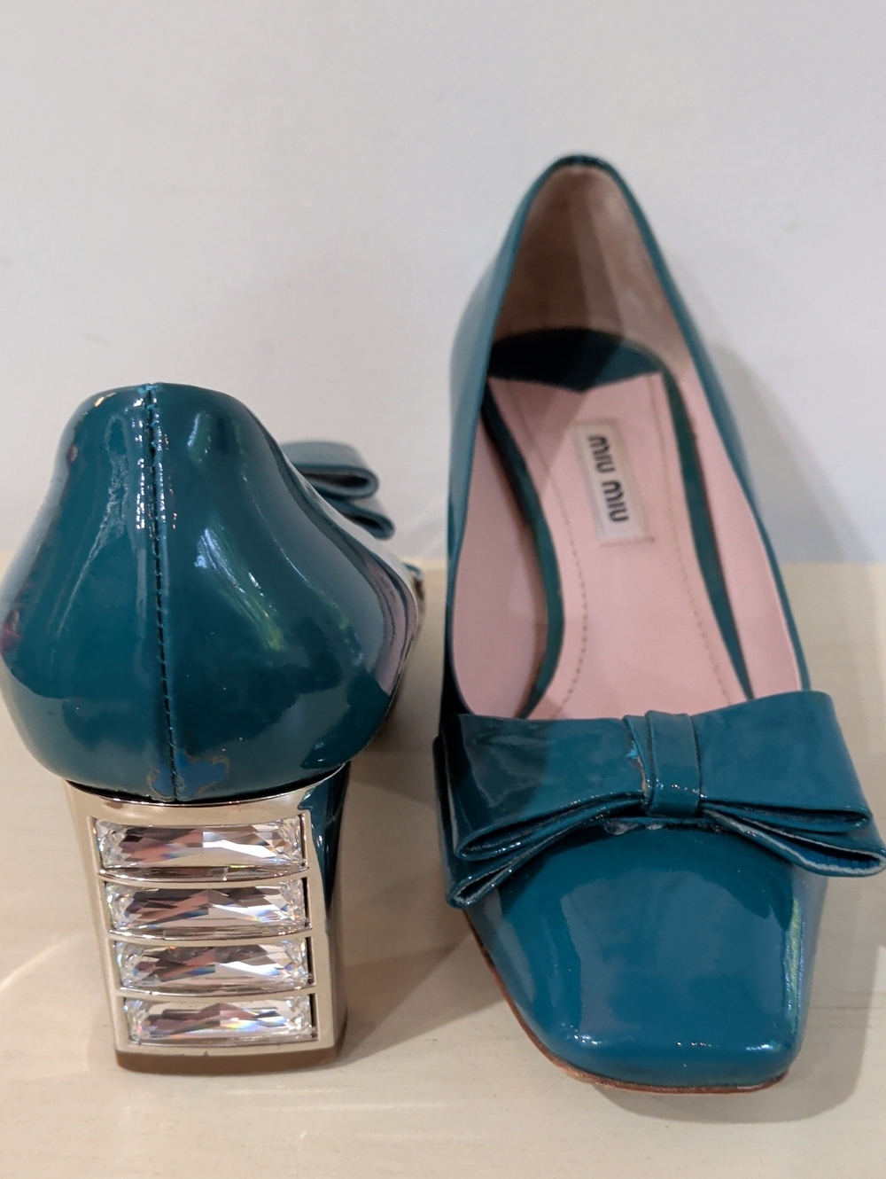 Miu Miu Teal Patent Leather Heels With Bows Size 36.5